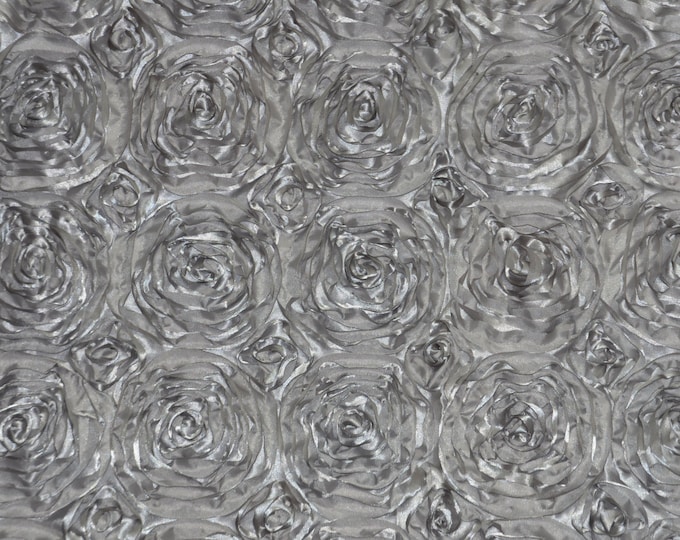 Silver satin Rosette 3D Flower drapery fabric BY THE YARD 54" Wide