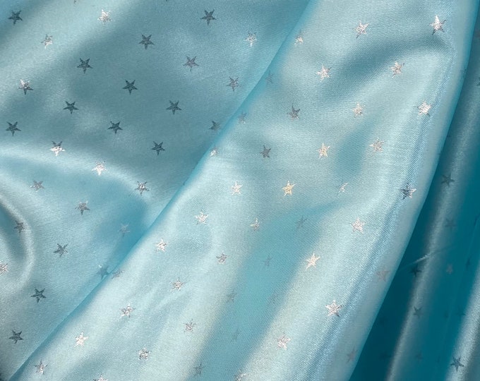 Silver star on  blue Charmeuse Satin fabric 60" wide