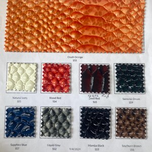 May include: A color palette of textured, scale-like swatches. Colors include Crush Orange, Natural Ivory, Blood Red, Dark Red, Samurai Green, Sapphire Blue, Liquid Gray, Mamba Black, and Southern Brown. The date 9/4/2024 is also visible.
