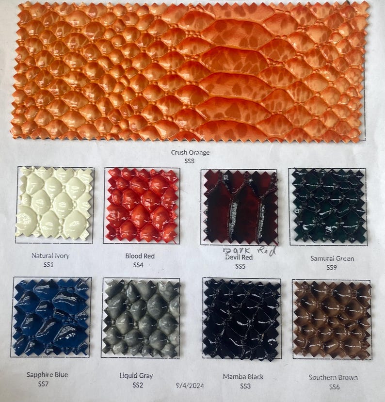 May include: A color palette of textured, scale-like swatches. Colors include Crush Orange, Natural Ivory, Blood Red, Dark Red, Samurai Green, Sapphire Blue, Liquid Gray, Mamba Black, and Southern Brown. The date 9/4/2024 is also visible.
