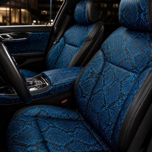 May include: Car interior featuring seats, center console, and door panels upholstered in a vibrant blue and black snakeskin pattern material, contrasted with solid black leather side bolsters and headrests, visible from the driver side view.