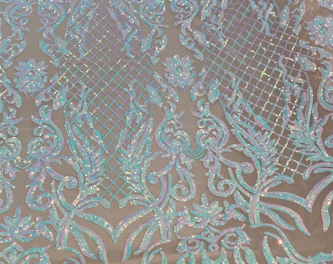 KARMA, Iridescent blue , Big Print, Sequin, 4-way Stretch, Fabric 54" Sold By the Yard, Wedding, Prom, Dresses, Lingerie, Pageant