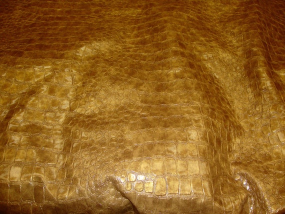 Vinyl Fabric Faux Leather Upholstey 54 Wide Gold Metallic Embossed big Crocodile