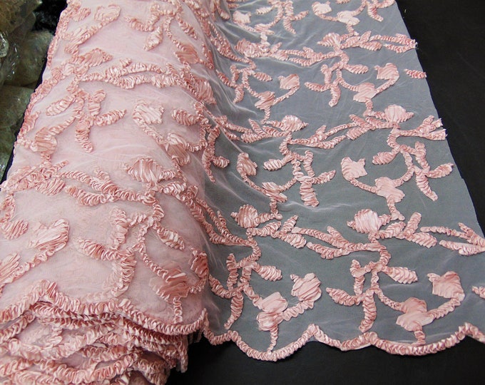 Ribbon Embroidery BLUSH Scalloped Edge Lace Fabric Perfect for Wedding Dress and Prom Mechanical Stretch Sold By the Yard 50" Width