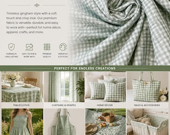 Green Gingham Check Fabric – 1/8” Small Check Cotton Blend Fabric by the Yard 60” wide