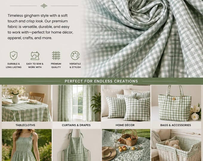 Green Gingham Check Fabric – 1/8” Small Check Cotton Blend Fabric by the Yard 60” wide
