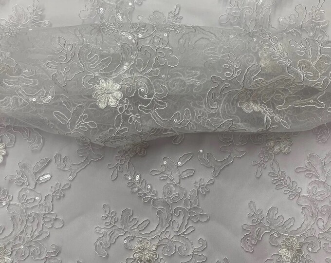 Elena white clear corded Floral lace with sequin Fabric Sold By The Yard