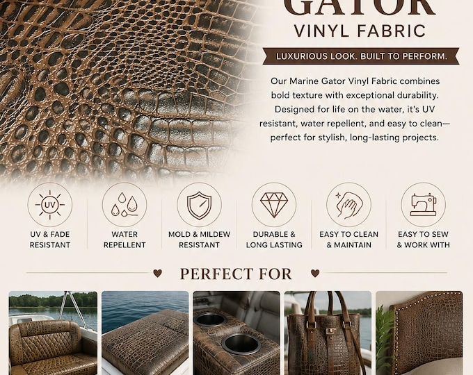 Brown Marine Gator Upholstery Crafting Outdoor Vinyl Fabric - Sold By The Yard - 54"