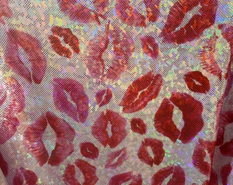 May include: Red lips printed on a white iridescent fabric with a mesh texture.