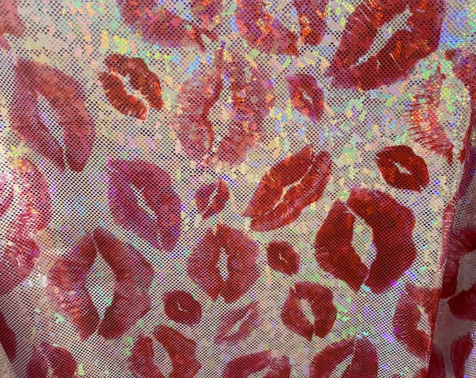 Red lips Shattered on white Spandex Fabric by the yard 4 way stretch