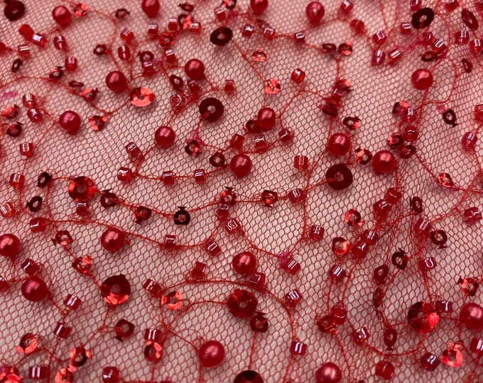 Red pearls sequins on mesh fabric, 54 inches wide
