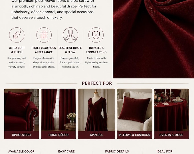Burgundy plush velvet poker table drapery upholstery fabric by the yard 58" Wide