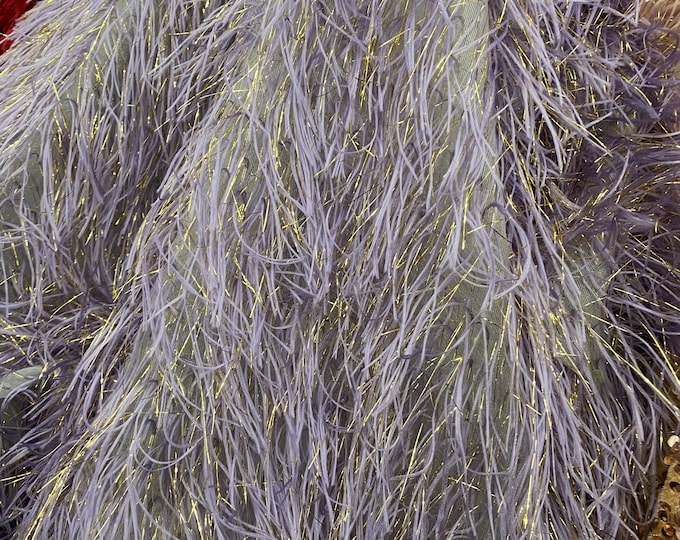 Lavender feather gold tinsel on mesh fabric per yard 60" wide