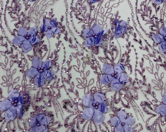 Purple 3d glitter floral embroider with pearls mesh lace scalloped, sold by the yard 54” wide