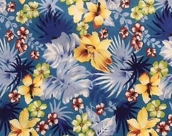 Turquoise Hawaiian Flowers Print Poly Cotton Fabric, Sells by The Yard