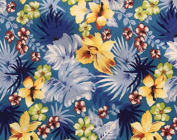 Turquoise Hawaiian Flowers Print Poly Cotton Fabric, Sells by The Yard