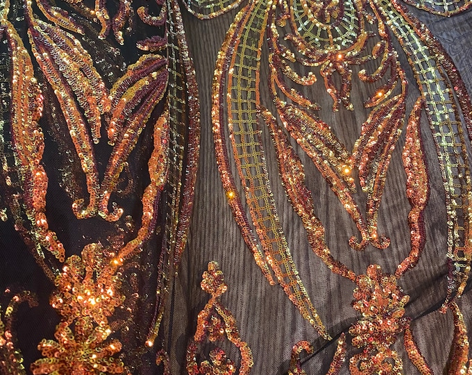 Orange black on black Victorian Big Print, Sequin, 4-way Stretch, Fabric 54" wide