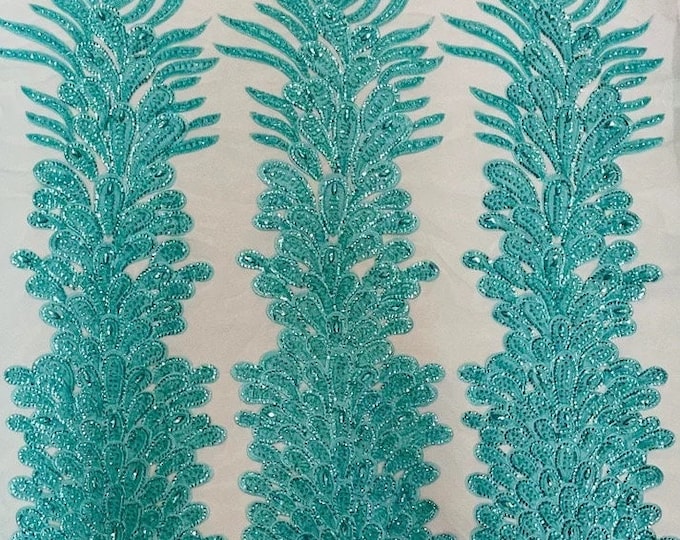 Aqua peacock sequin gem beaded on mesh, sold by the PANEL