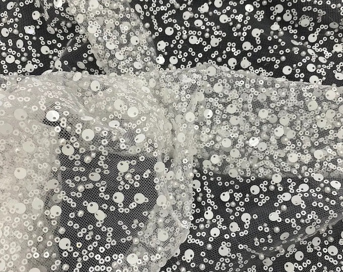 White Beads, Pearls and Sequin All Over Mesh Lace by the yard 54” wide