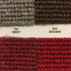 May include: Four carpet samples in different colors: grey, brown, red, and bright red. The samples are labeled with their corresponding color names and numbers.
