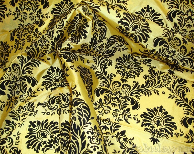 Yellow Taffeta Black Flocking Damask fabric per yard