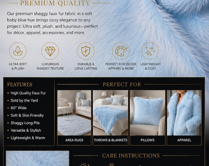 Light Blue shaggy faux fur upholstery fabric per yard 60" Wide