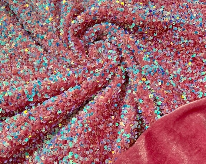 Aqua pink Iridescent On pink stretch velvet with luxury sequins all over 5mm shining sequins 2-way stretch, sold by the yard.