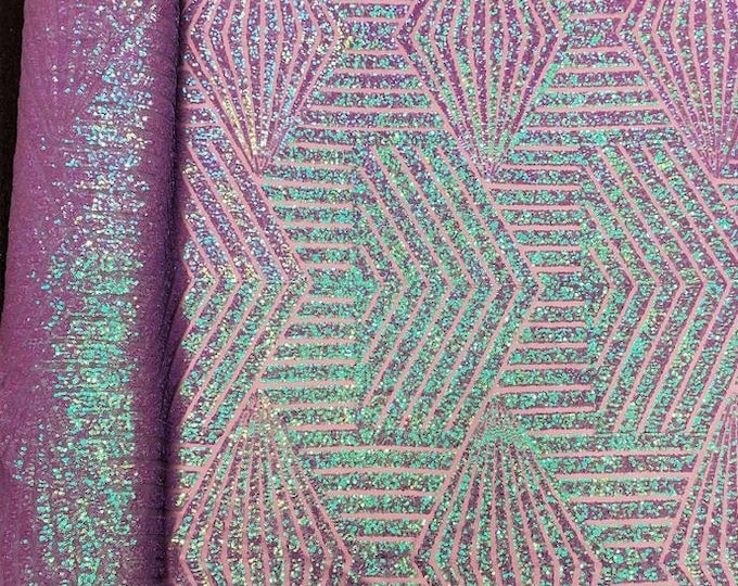 Iridescent Geometric Designer Bombshell LILAC  Sequins Lace Fabric Sold By The Yard