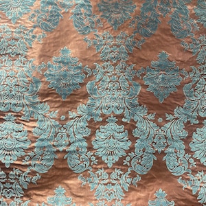 Damask Taffeta aqua on brown Flocking fabric per yard 60” wide