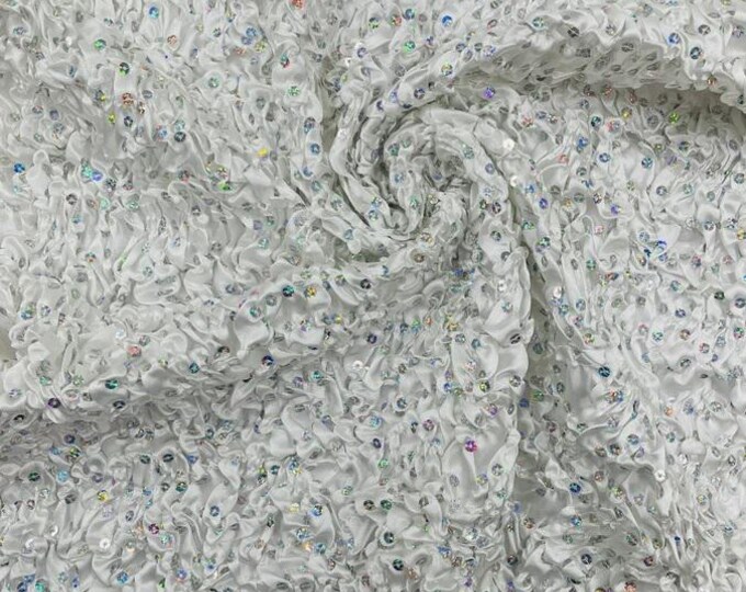 White Pleated Stretch Satin Ruffle Trim with Hologram Sequins  Sparkle Fabric – 24" Wide Embellished Trim for Costumes & Crafts