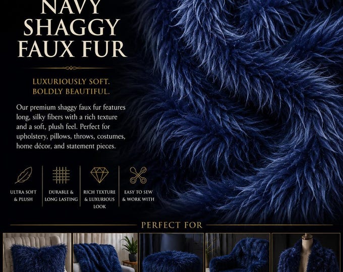 Navy shaggy faux fur upholstery fabric by the yard 60" wide