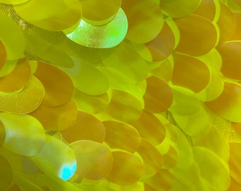 Yellow Jumbo Shiny paillette sequin on mesh fabric sold by yard
