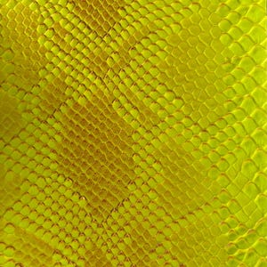 May include: Close-up of a textured, yellow-green material with a scale-like pattern. The design resembles snake or reptile skin, with a repeating geometric arrangement of small, raised shapes. The color gradient shifts from a lighter yellow-green to a darker, golden hue.