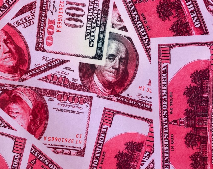 Pink matte Money  dollar pattern 4 way stretch spandex fabric, one hundred dollar bill, SOLD BY YARD 60 inches wide