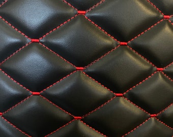 Black quilted Vinyl with premium red stitching for automotive, headliner upholstery fabric 3/8" Foam Backed  52" Wide