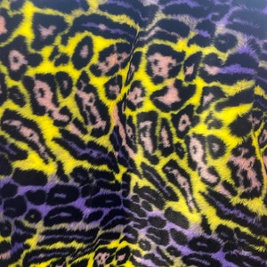 Purple / Yellow Multi colored Leopard Spotted shaggy short pile faux fur fabric by the yard