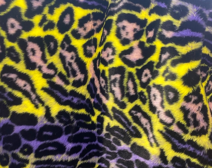 Purple / Yellow Multi colored Leopard Spotted shaggy short pile faux fur fabric by the yard