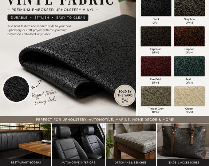 Distressed Textured Vinyl Fabric by the Yard | Faux Leather Upholstery Vinyl | Marine & Automotive Fabric | Embossed Vinyl Material