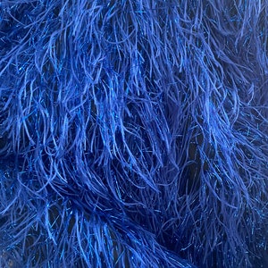 Blue feather tinsel on mesh fabric per yard 60" wide