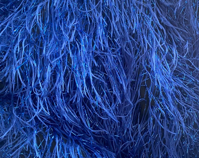 Blue feather tinsel on mesh fabric per yard 60" wide