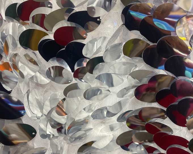 Silver Jumbo Shiny paillette sequin on mesh fabric sold by yard