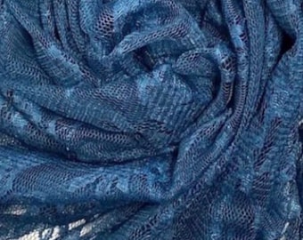 Teal Vintage Stretch Floral Lace fabric 4 way  By The Yard