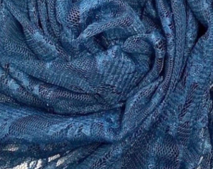 Teal Vintage Stretch Floral Lace fabric 4 way  By The Yard
