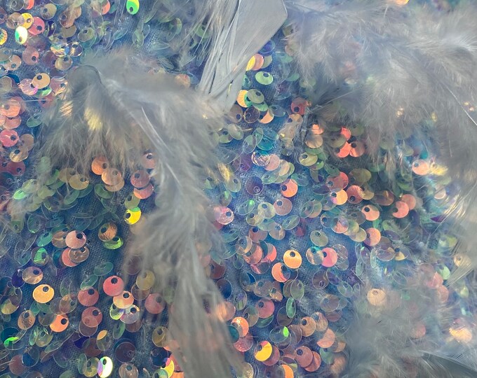 Lavender sequin stretch velvet with feathers , 4-Way stretch  fabric by the yard 60" Wide