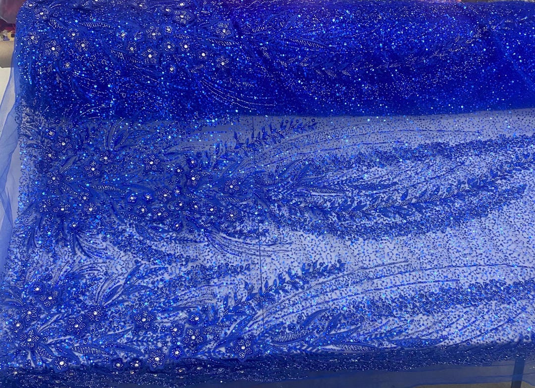 Royal Blue 3D Floral Bridal Lace Fabric Beaded Embroidered Mesh Lace by ...