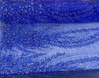 Royal blue 3D Floral Bridal Lace Fabric  Beaded Embroidered Mesh Lace by the Yard – Wedding Dress, Veil & Couture Gown