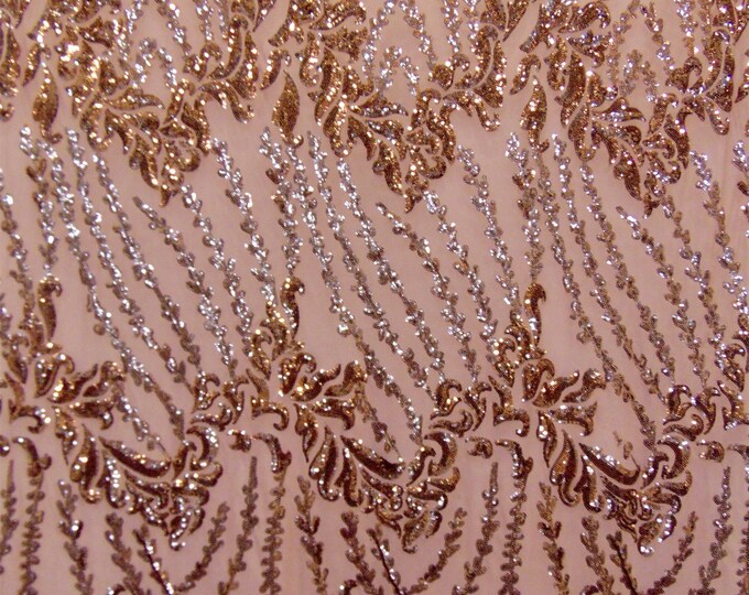 SUTRA , Rose Gold on nude mesh, Big Print, Sequin, 4-way Stretch, Fabric 54" Sold By the Yard