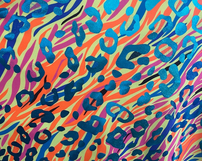 Blue foil leopard on flame Fabric 4 way stretch 58" wide  Sportswear, Athletic and much more