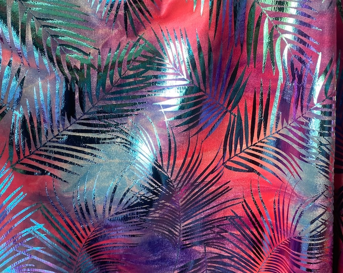 Iridescent foil palm 2 way Stretch on red Spandex fabric BY THE YARD swimwear dancewear costume 60" Wide