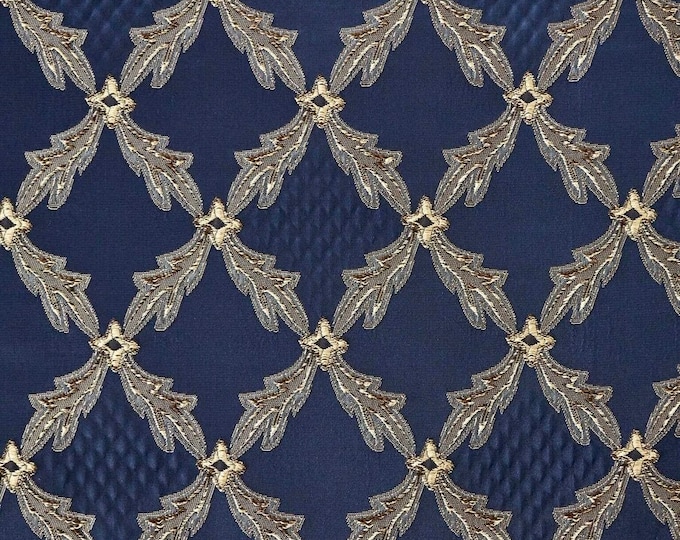 Diamond navy Renaissance Jacquard  Upholstery drapery fabric by the yard